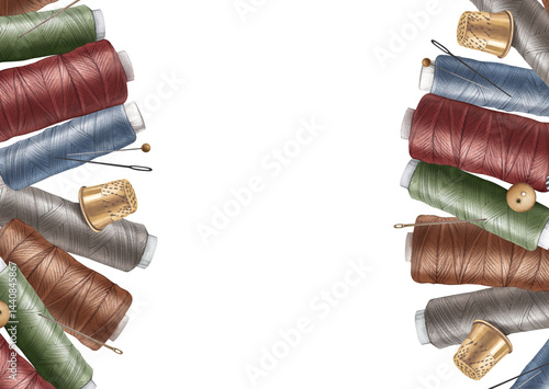Sewing accessories watercolor illustration. Composition of measuring tape thread sewing machines parts needle and thimble. Seamstress tools for cards and invitations to embroidery courses