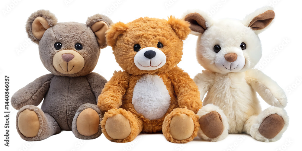 cutout set of 3 stuffed animal toys isolated on white background PNG cutout set of 3 stuffed animal toys isolated on white background PNG
