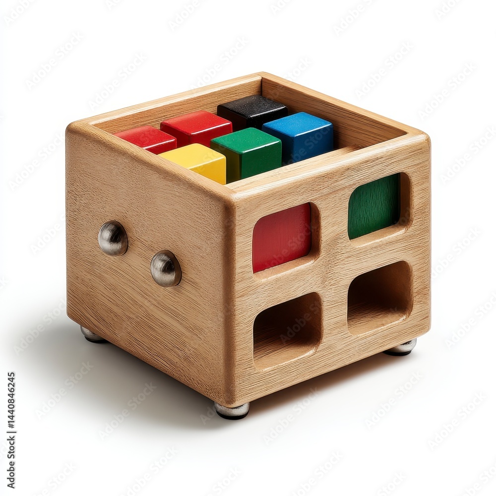 Obraz premium A wooden shape sorting toy with colorful blocks and four cut-out windows for educational play.