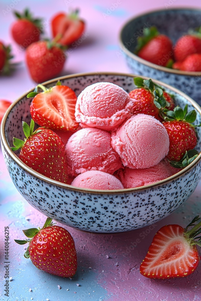 Bowl of strawberry ice cream garnished with fresh strawberries on a pastel background