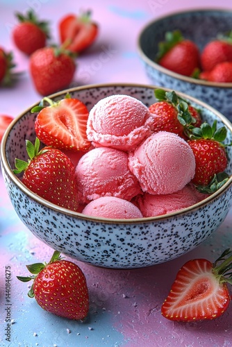 Bowl of strawberry ice cream garnished with fresh strawberries on a pastel background