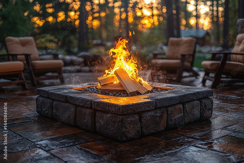Cozy Outdoor Fire Pit with Logs and Comfortable Seating at Sunset
