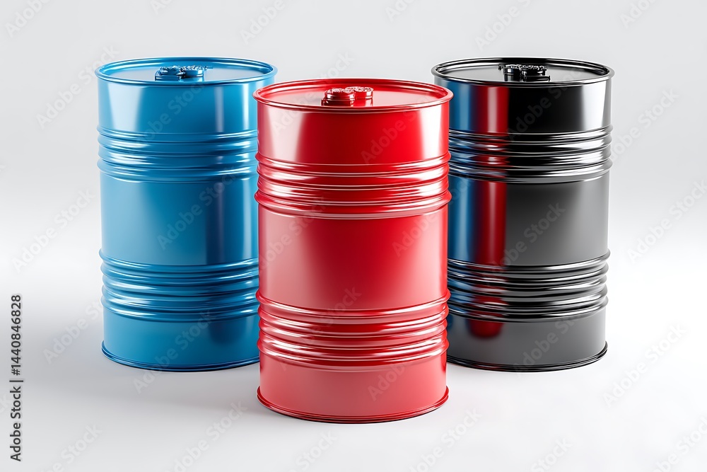 A set of industrial metal barrels in red, blue, and black, isolated on a diffrent collers or white background, representing storage or industrial settings. A set of industrial metal barrels in red, blue, and black, isolated on a diffrent collers or white background, representing storage or industrial settings.