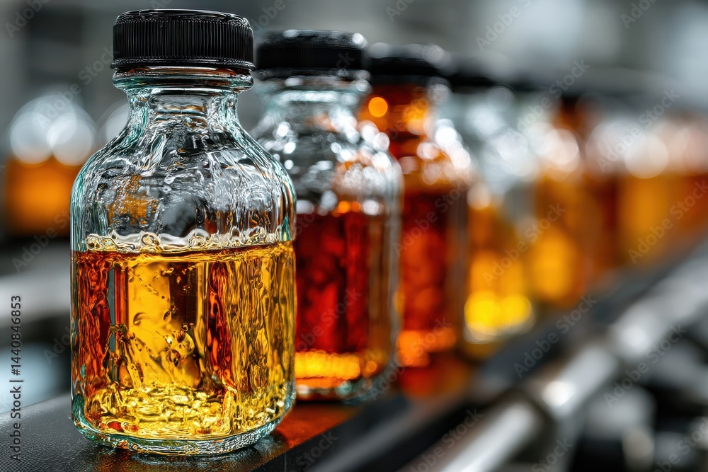 Close-up view of beverage bottles in an industrial production line arrangement