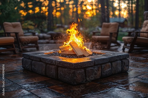 Obraz na płótnie Cozy Outdoor Fire Pit with Logs and Comfortable Seating at Sunset w salonie