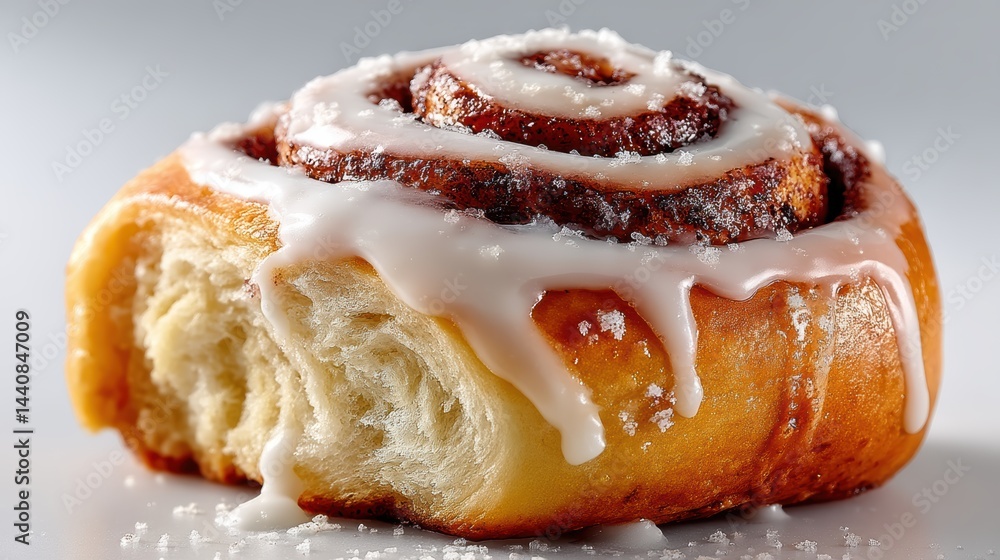 Fototapeta premium a close-up of a freshly made cinnamon roll with icing on a white isolated background, warm and aromatic design