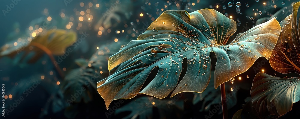 Close-up of illuminated monstera leaves with water droplets in ambient light