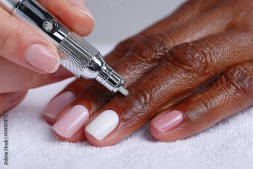 Obraz na płótnie Close-up of professional manicure procedure on diverse hands w salonie