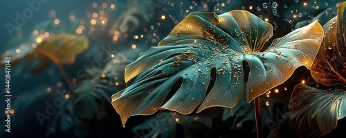 Obraz na płótnie Close-up of illuminated monstera leaves with water droplets in ambient light w salonie