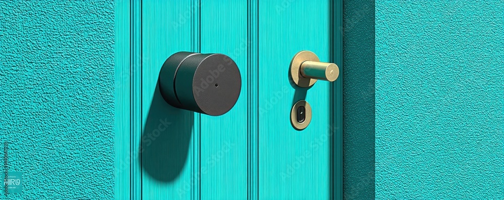 Modern door lock and handle on a vibrant turquoise textured door surface