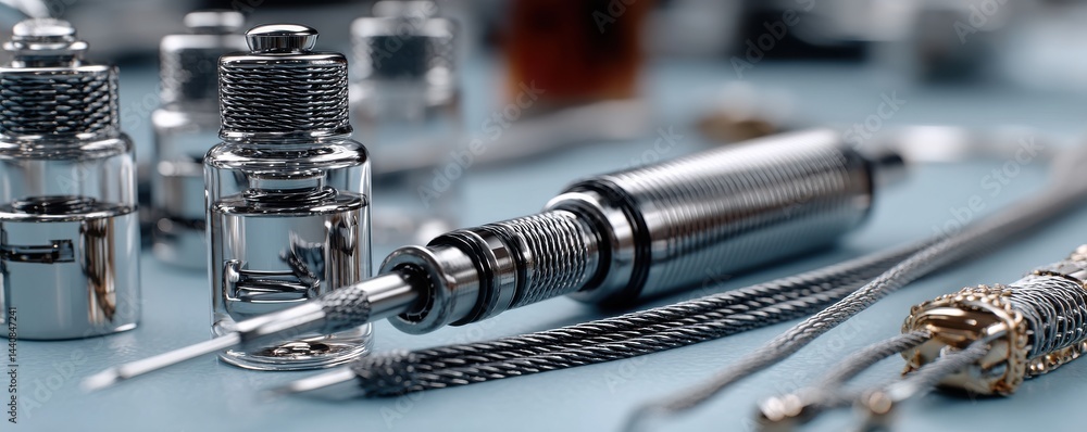 Close-up of metallic precision tools with a focus on intricate silver textures