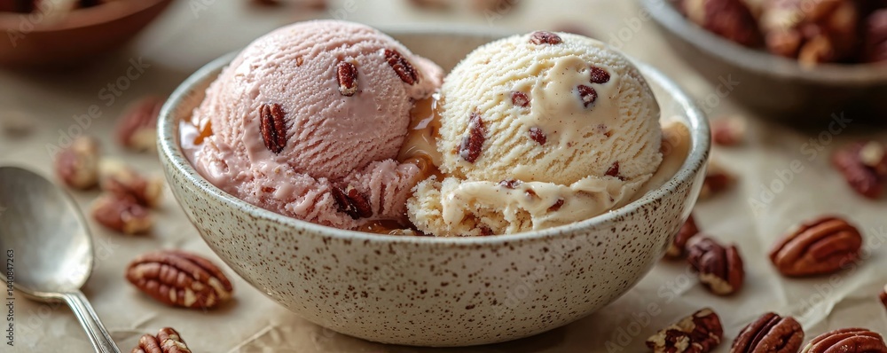 Close-up of pecan ice cream scoops served in a rustic bowl