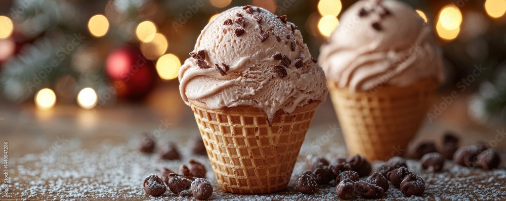 Two chocolate chip ice cream cones with festive lights in the background