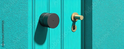 Obraz na płótnie Modern door lock and handle on a vibrant turquoise textured door surface w salonie