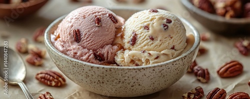 Obraz na płótnie Close-up of pecan ice cream scoops served in a rustic bowl w salonie