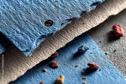 Obraz na płótnie Close-up of blue textured paper with colored crumbs on surface w salonie
