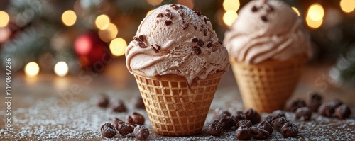 Obraz na płótnie Two chocolate chip ice cream cones with festive lights in the background w salonie