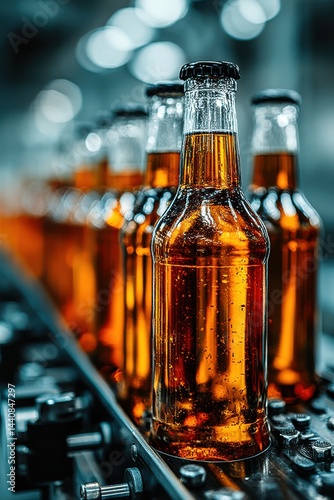 Amber beer bottles on a production line in brewery setting