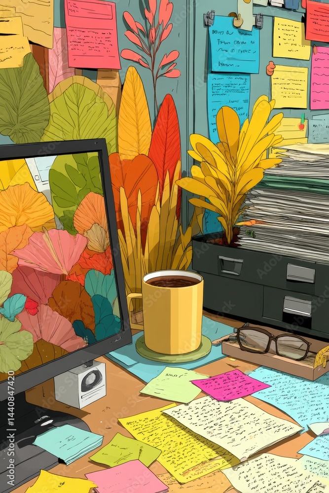 Creative workplace desk with vibrant notes and a cozy coffee mug