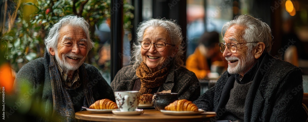 Senior Friends Enjoying Coffee Together in a Warm Cafe Setting