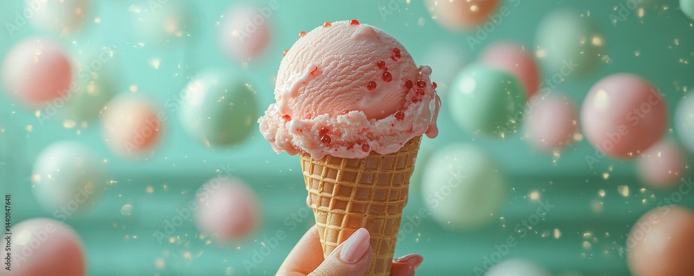 Hand holding vibrant pink ice cream cone against whimsical colorful background