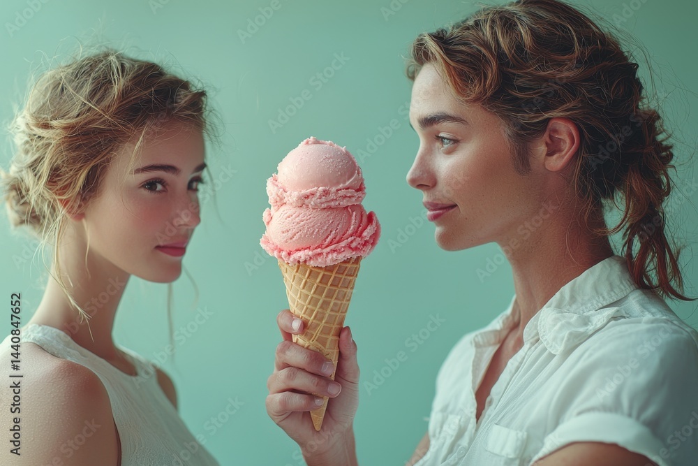 Two Women Enjoying a Large Pink Ice Cream Cone Together