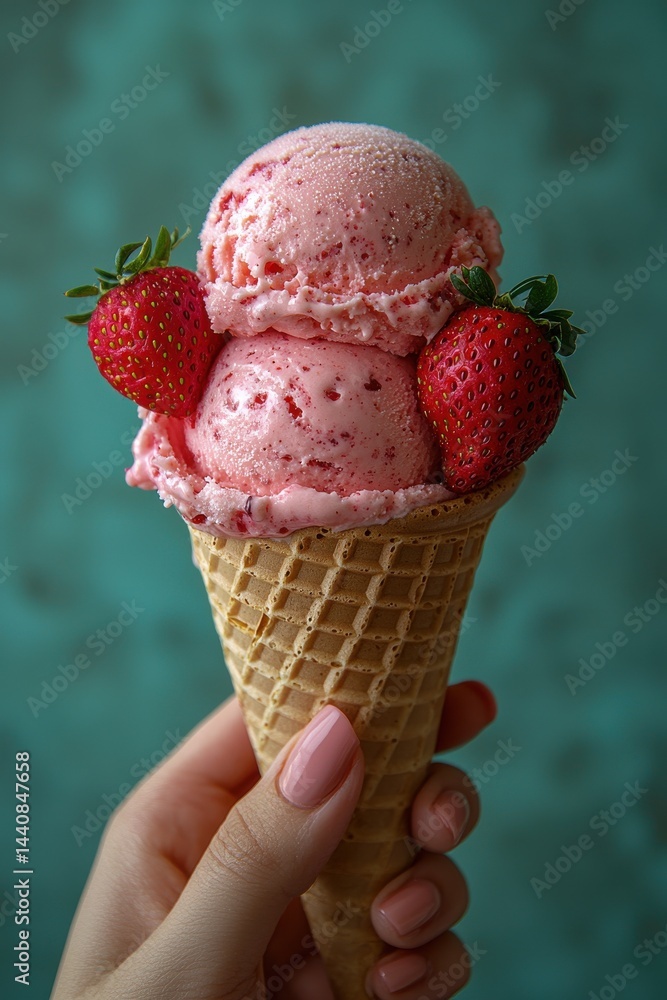 Close-up of a strawberry ice cream cone held against an aqua background