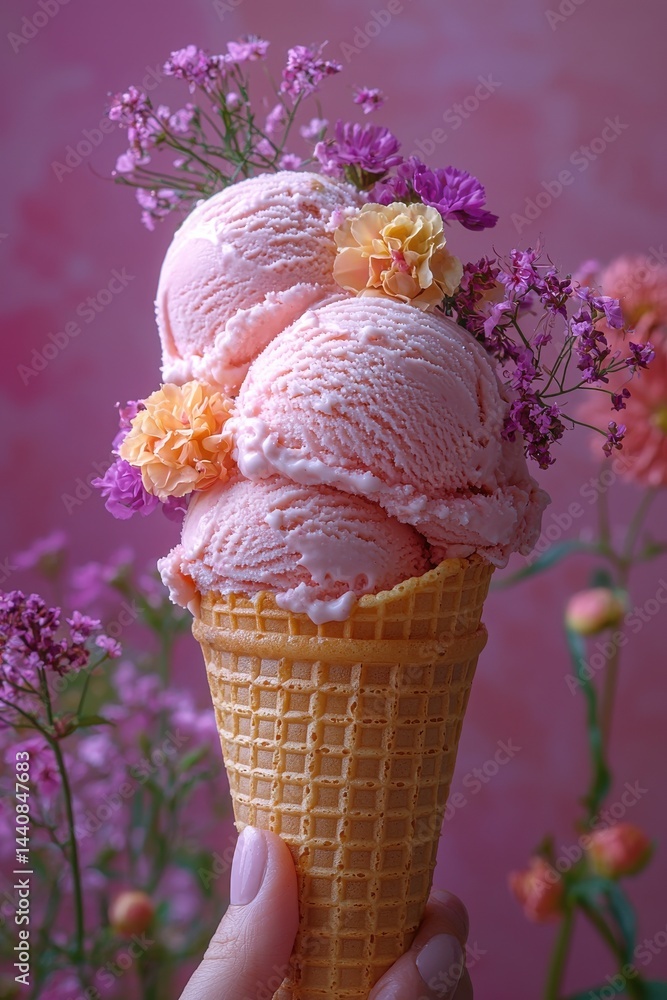 Pink ice cream cone decorated with flowers held against a pink floral background