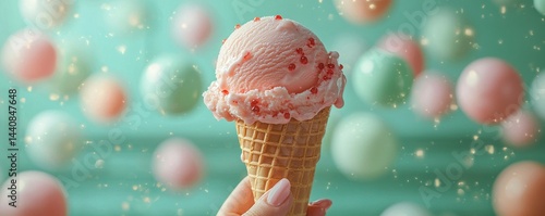 Hand holding vibrant pink ice cream cone against whimsical colorful background
