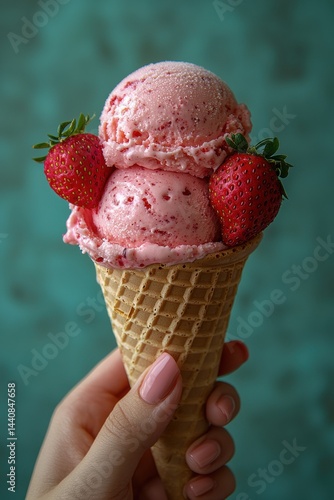 Obraz na płótnie Close-up of a strawberry ice cream cone held against an aqua background w salonie