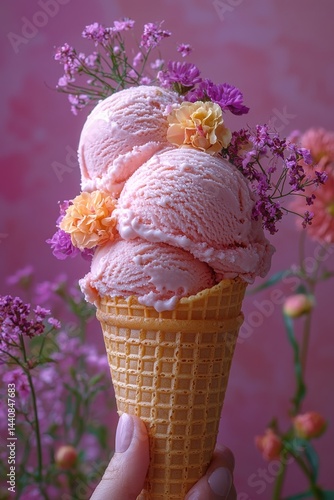 Obraz na płótnie Pink ice cream cone decorated with flowers held against a pink floral background w salonie