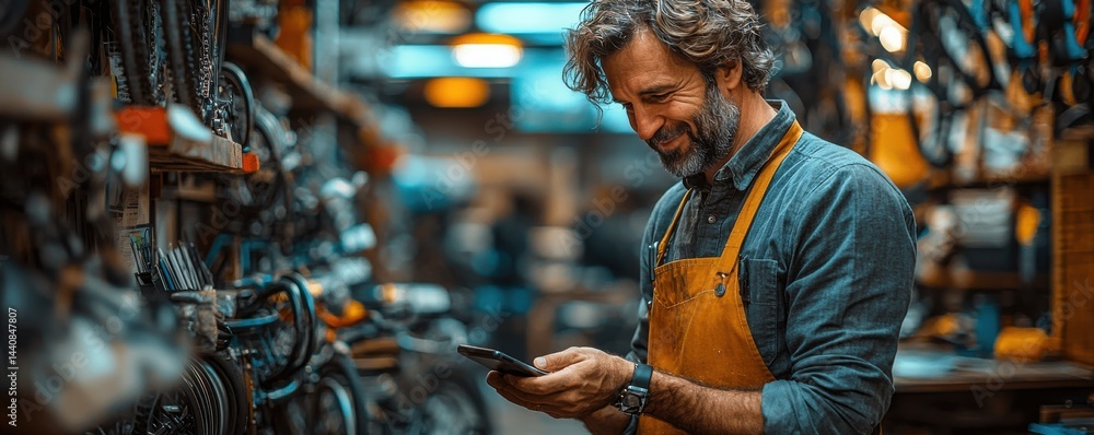 Man in workshop using smartphone while wearing an apron