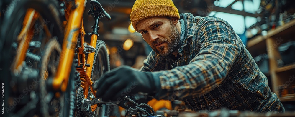 Man fixing a bicycle in a workshop wearing a yellow beanie