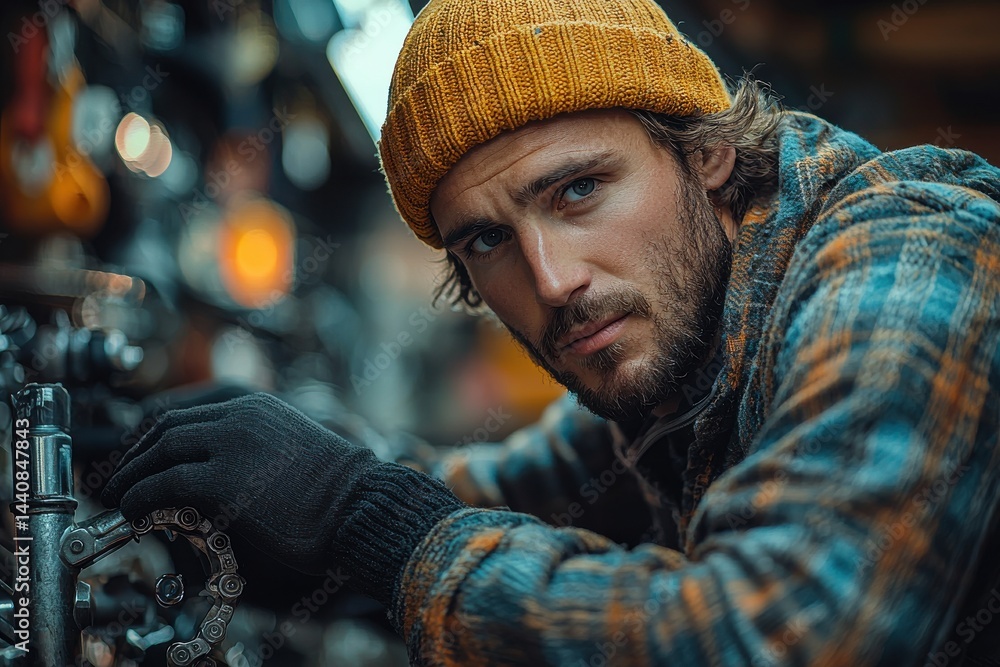 Focused man repairing bicycle chain in workshop wearing beanie