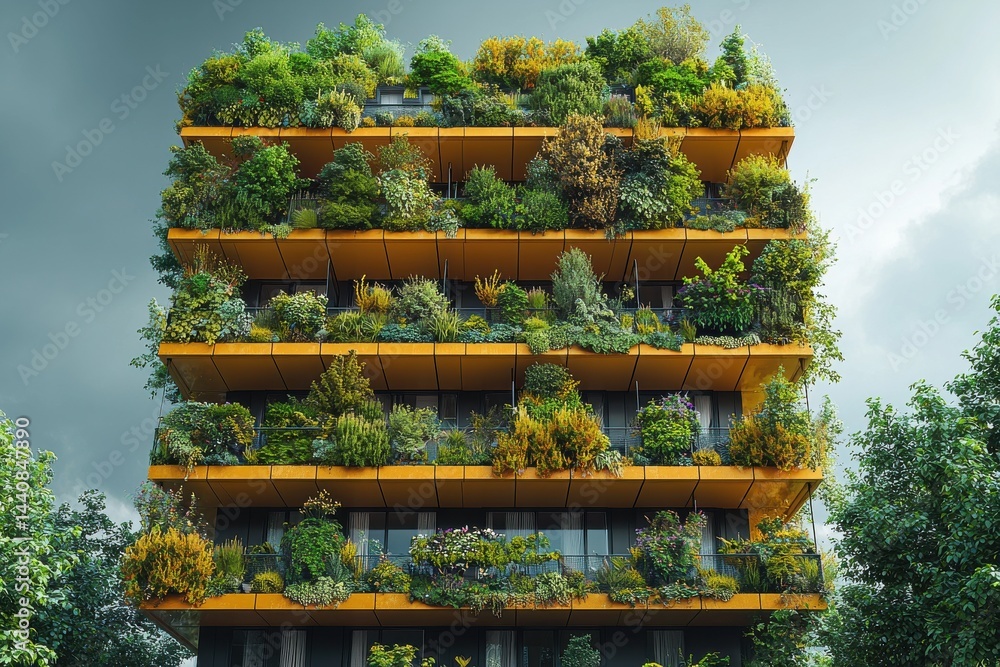 Modern building with greenery-covered balconies representing sustainable architectural design