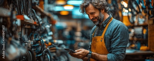 Obraz na płótnie Man in workshop using smartphone while wearing an apron w salonie