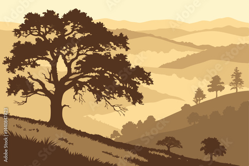 64 Majestic mountain landscape, golden sunrise, rolling hills, misty valleys, oak trees silhouettes, ethereal fog, dramatic lighting, panoramic view, soft warm colors, tranquil atmosphere, high dynami