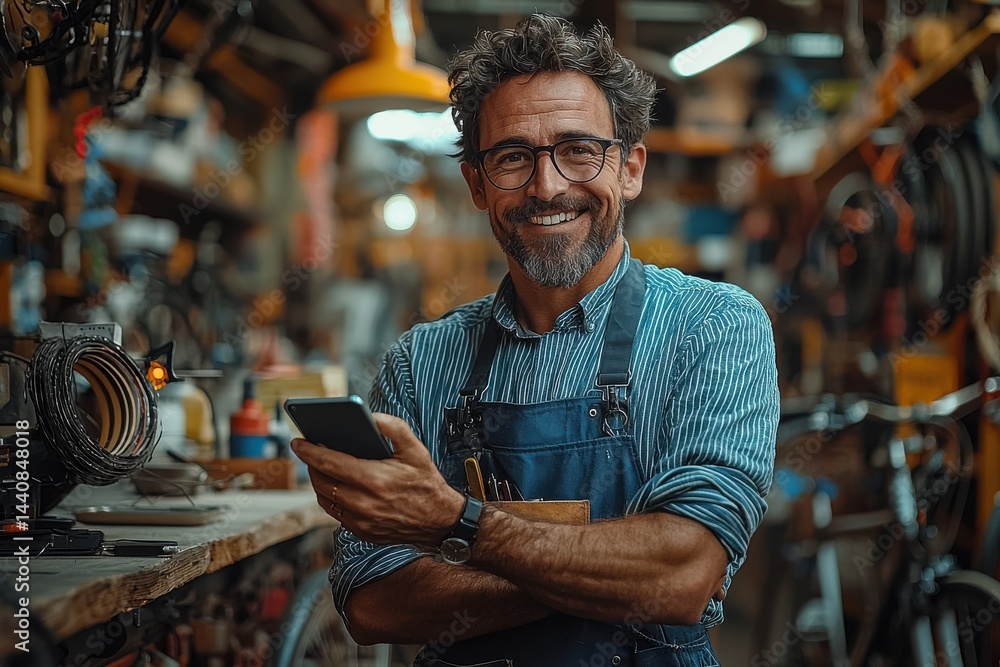 Happy bike mechanic with a professional workshop background and a mobile device