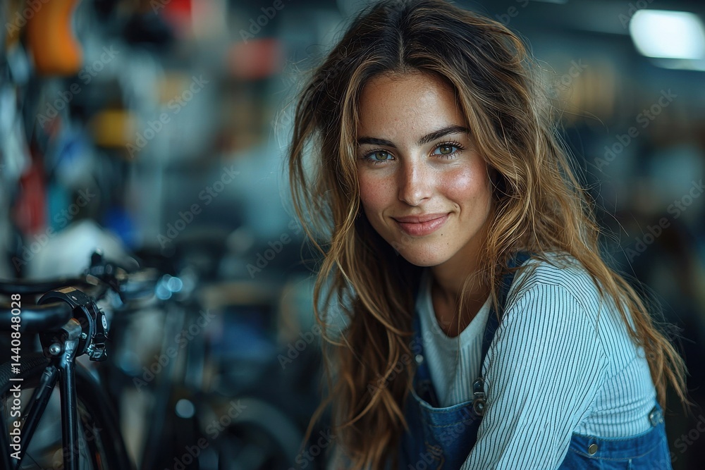 Smiling woman in a workshop setting surrounded by tools and bicycles