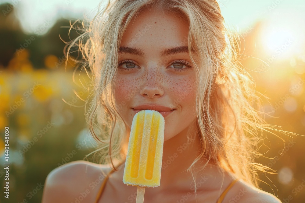 Blonde woman enjoying a yellow popsicle in a sunny field
