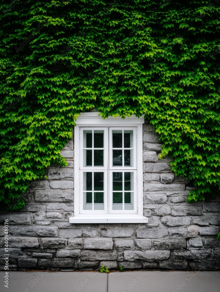 Ivy Covered Stone House Wall with White Window - Serene symbolizing nature's embrace, quietude, growth, hidden beauty, and peaceful sanctuary Ivy Covered Stone House Wall with White Window - Serene symbolizing nature's embrace, quietude, growth, hidden beauty, and peaceful sanctuary
