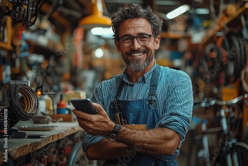 Obraz na płótnie Happy bike mechanic with a professional workshop background and a mobile device w salonie