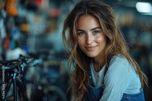 Smiling woman in a workshop setting surrounded by tools and bicycles