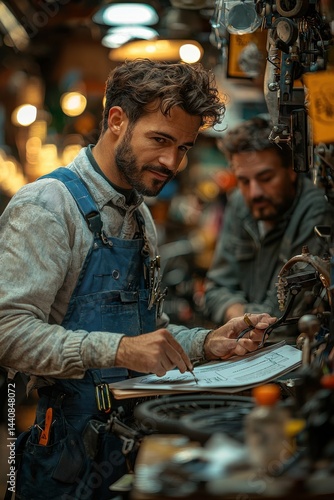 Focused electrician working attentively in a busy workshop office environment