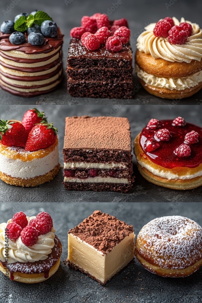 Assortment of colorful and delicious desserts featuring cakes, pastries, and toppings