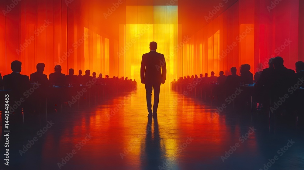 Silhouette of a Leader in a Vibrant Conference Room with Orange and Yellow Lighting Symbolizin Silhouette of a Leader in a Vibrant Conference Room with Orange and Yellow Lighting Symbolizin