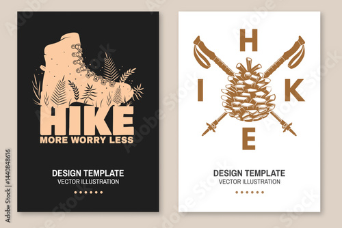 Outdoor adventure flyer, poster, banner design. Concept for shirt or logo, print, stamp or tee with pine cone and hiking poles, spoon, hiking boot and grass silhouette. Vector