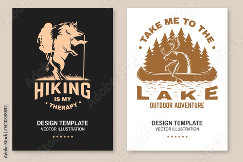 Take me to the lake. Hiking is my therapy. Camping quote. Vector. Vintage typography design with moose in canoe, lake and forest, hiking wild boar and backpack. Summer camp