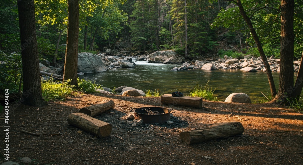 Forest riverside camping spot with fire ring Forest riverside camping spot with fire ring