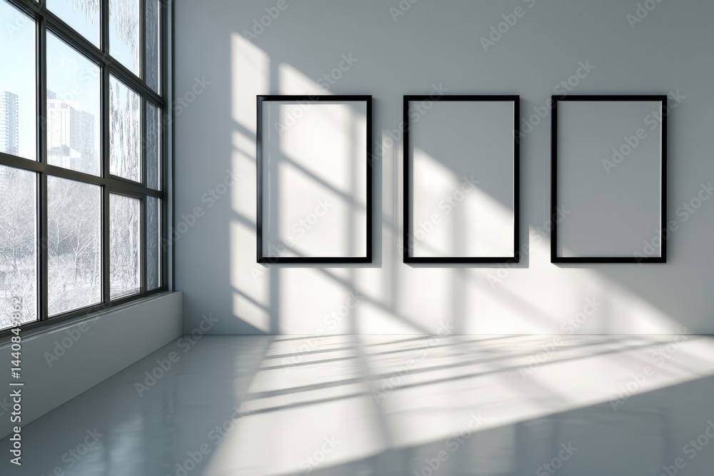Fototapeta premium Modern minimalist gallery interior with three empty black frames sunlight window 3d art wall room